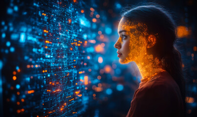Poster - Young woman with digital data visualization and glowing holographic interface around her face in futuristic artificial intelligence concept background