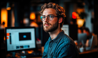 Fototapete - Young man with glasses working at computer in modern creative office environment with digital screen in background focused on project