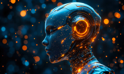Poster - Futuristic female robot head with glowing orange cybernetic elements and digital particles in dark background concept of artificial intelligence and advanced technology innovation