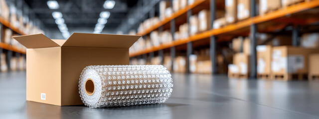 Poster - Brown cardboard box next to bubble wrap roll in a modern warehouse interior filled with neatly stacked shelves of packaged goods