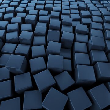 Abstract geometric arrangement with a multitude of dark blue 3D cubes scattered across the space, creating a dynamic and visually engaging pattern with smooth surfaces, sharp edges, and depth