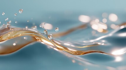Poster - Waves of water in a serene blue environment with droplets splashing and shimmering light reflecting on the surface