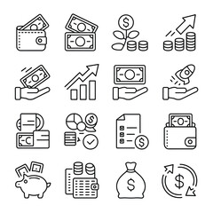Poster - Sixteen Black and White Line Art Icons Depicting Financial Concepts Including Wallets Money Growth Charts Piggy Banks and Money Bags