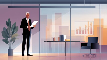 Poster - Business professional reviewing documents in modern office with city view during daytime