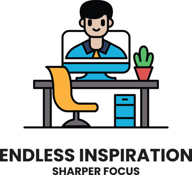 A man is sitting at a desk with a computer monitor and a potted plant