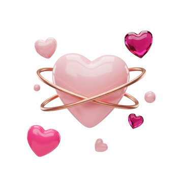 3D Render of Pink Hearts with Golden Rings on Black Background for Valentine's Day