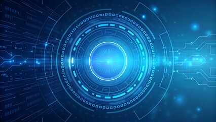 Futuristic blue digital interface with glowing concentric circles and data streams