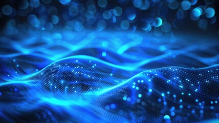 Poster - Wonderful picture of blue light wave, sparkling particles scattered across space background, create abstract bokeh effect perfect for designs that aim to evoke a sense of energetic and fantasy. AIG53.