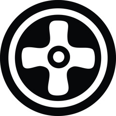 Poster - Stylized black and white circular emblem featuring a four leaf clover or propeller design within concentric rings