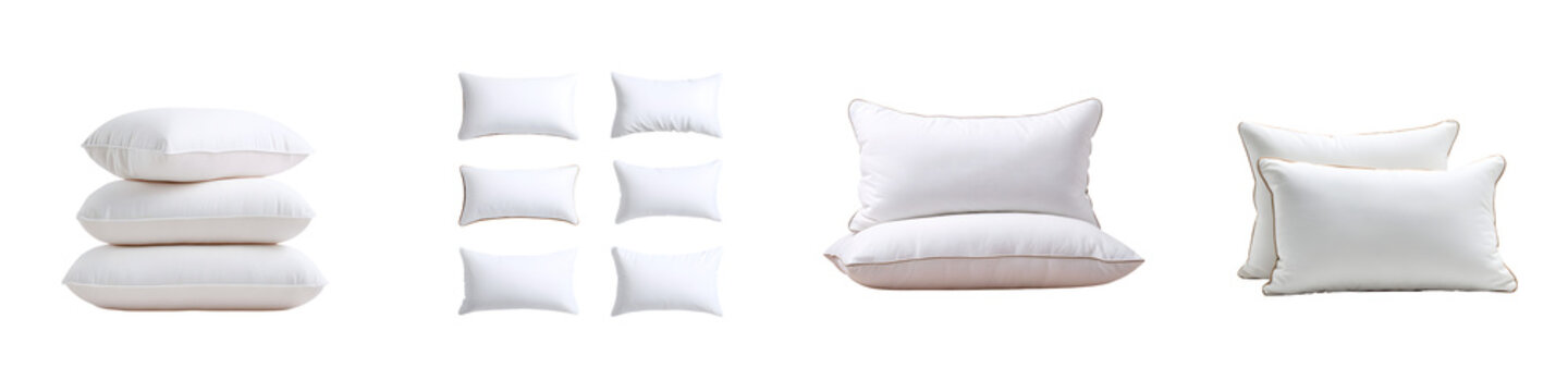 Set of Four Different White Pillows on a White Background