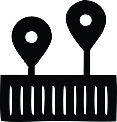 Poster - Two black location pins with white circles stand on a textured black bar representing a map or route with multiple vertical lines