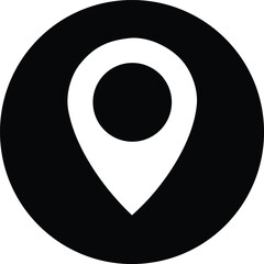 Poster - A stark black circle encloses a bold white location pin icon symbolizing a pinpointed destination or a geographical marker