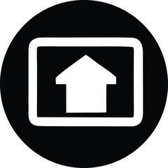 Poster - Stylized white house icon with upward arrow inside a rounded square set against a black circular background