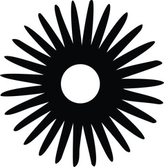 Poster - A stylized black sunburst or starburst graphic with a central white circle against a plain white background