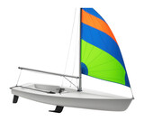 Youth sailing dinghy with a colorful spinnaker and aluminum boom