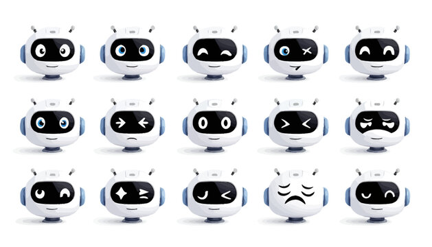 A collection of cute white 3D rendered robot heads displaying a wide range of emotions and expressions, isolated on a clean white background.
