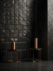 Poster - Dark geometric background with light and shadow for product placement mockup. Abstract studio interior scene showroom for premium brand display. Classy modern business empty space design.