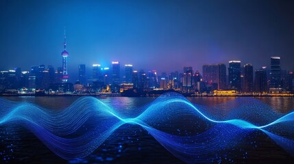 Poster - Cyberpunk Cityscape at Night with Illuminated Skyline and Flowing Digital Connections Everywhere