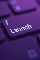 Poster - Closeup of a purple keyboard with a glowing Launch key, vertical composition. A stylized image ideal for technology, startup, and business concepts.