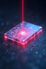 Poster - Abstract glowing pink laser beam striking a glass cube, vertical composition. A futuristic, vibrant image with bokeh effects and a dark blue background, perfect for tech or science themes.