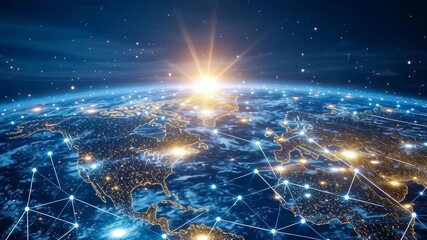 Poster - a globe with a network of lines connecting it. the globe is lit up with a bright sun, and the lines 