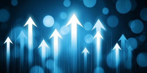 Poster - Contemporary artwork of rising white arrows on a dark blue abstract background symbolizing growth.