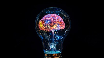 Aufkleber - A brain is inside a light bulb. The bulb is glowing with a rainbow of colors. The brain is surrounded by a glowing aura