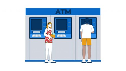 Poster - Diverse people using ATM machines for banking transactions cartoon animation. Woman with wallet, black man withdrawing money animated flat 2D characters 4K video isolated on white, scene storytelling