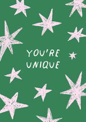 Leinwandbilder - Stars, framed poster background. Modern doodle-style card with inspirational phrase, lettering and sparkle, starry pattern, trendy postcard design with handwriting typography. Flat vector illustration
