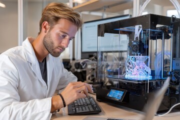 Poster - Young man working on 3D printer in modern lab setting during daytime