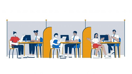 Poster - Bank officers assisting customers at consultation desks cartoon animation. Financial advice. Banking staff client meetings animated flat 2D characters 4K video isolated on white, scene storytelling