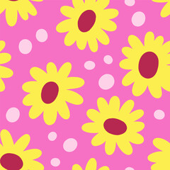 Leinwandbilder - Seamless floral pattern. Endless background design, flowers in retro groovy style. Colored trippy funky texture, repeating print for textile, wallpaper and wrapping paper. Flat vector illustration