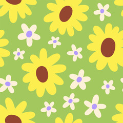 Leinwandbilder - Seamless floral pattern with sunflowers and daisies. Endless background, repeating print design with blooming flowers, summer nature in doodle groovy trippy style. Colored flat vector illustration