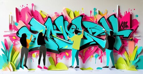 Poster - Papercraft depicts graffiti art. Figures stand before colorful lettering, vibrant pinks, blues dominate scene. Unique artistic expression.