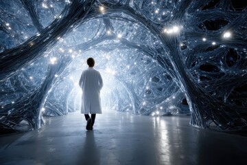Fototapete - Scientist exploring a futuristic illuminated neural network pathway in a research facility