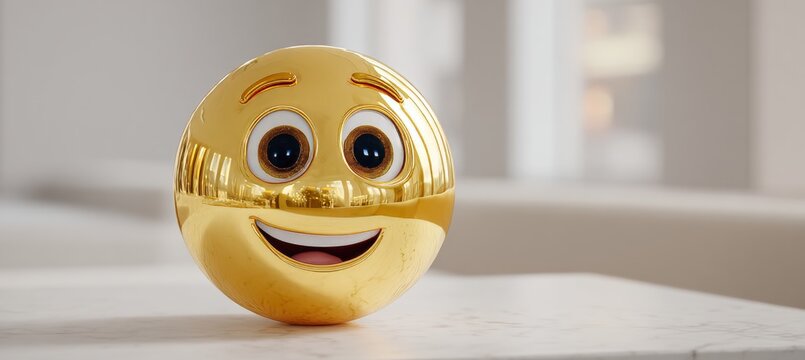 Gold Metallic Shining Smiley Face Icon with Expressive Emotion, Fun Decoration Element, Sphere Shape