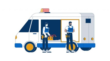 Poster - Cash in transit vehicle armored guards transport money cartoon animation. Two security personnel putting bags into bank truck animated flat 2D characters 4K video isolated on white, scene storytelling