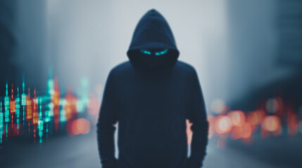 Poster - Shadowed Figure in the City: A mysterious hooded figure stands in the center of a blurred cityscape, its glowing eyes creating an eerie contrast.