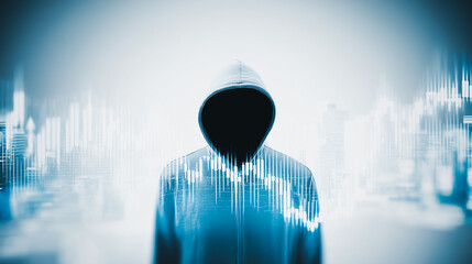 Poster - Anonymous Figure Amidst Financial Data: A shadowy figure wearing a hooded sweatshirt stands amidst a digital cityscape, overlaid with stock market data. Capturing the theme of data security.