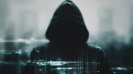 Poster - Shadowed Intrigue: A mysterious figure cloaked in a hooded sweatshirt, against a blurred urban backdrop, evoking a sense of anonymity and digital espionage.