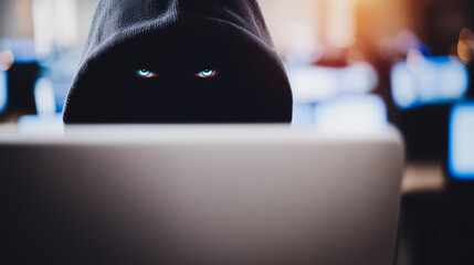 Poster - Cybersecurity Threat: Mysterious hooded figure with piercing blue eyes intensely focused on a laptop screen in a dimly lit room, symbolizing the ever-present danger of cybercrime.