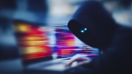 Poster - Cyber Intruder: A hooded figure, shrouded in mystery, intensely focuses on a laptop screen illuminated by lines of code, signifying an invisible digital threat.
