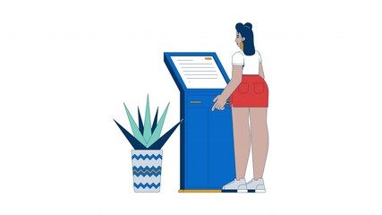 Poster - Latina woman using self service banking kiosk cartoon animation. Female customer interacts with touchscreen payment terminal animated flat 2D character 4K video isolated on white, scene storytelling