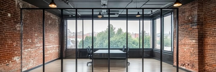 Poster - Modern Office Space with Brick Walls and Glass Partitions in a Stylish Neutral Color Palette