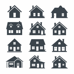 Poster - Twelve Dark Gray House Icons Simple Home Silhouettes Various Styles Architectural Designs Real Estate Symbols Collection