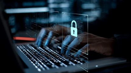 Poster - video. Secure data protection and network security systems. VPN connections and zero trust security. Man using laptop computer with an encrypted data security system