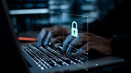 Poster - video. Secure data protection and network security systems. VPN connections and zero trust security. Man using laptop computer with an encrypted data security system