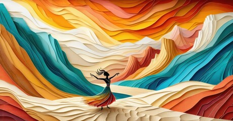 Leinwandbilder - Silhouette dancer amidst layered paper mountains. Vibrant colors create flowing landscape, evoking joy, freedom, movement. Artistic, surreal scene.