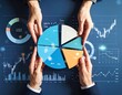 © Deris Firmansyah - Investment portfolio management. Diversified strategy using stocks, bonds and commodities. Pie chart and candlestick charts.