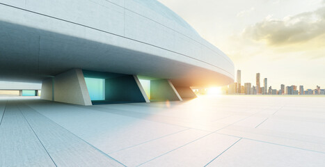 Poster - 3d rendering modern building overlooking city skyline at sunset